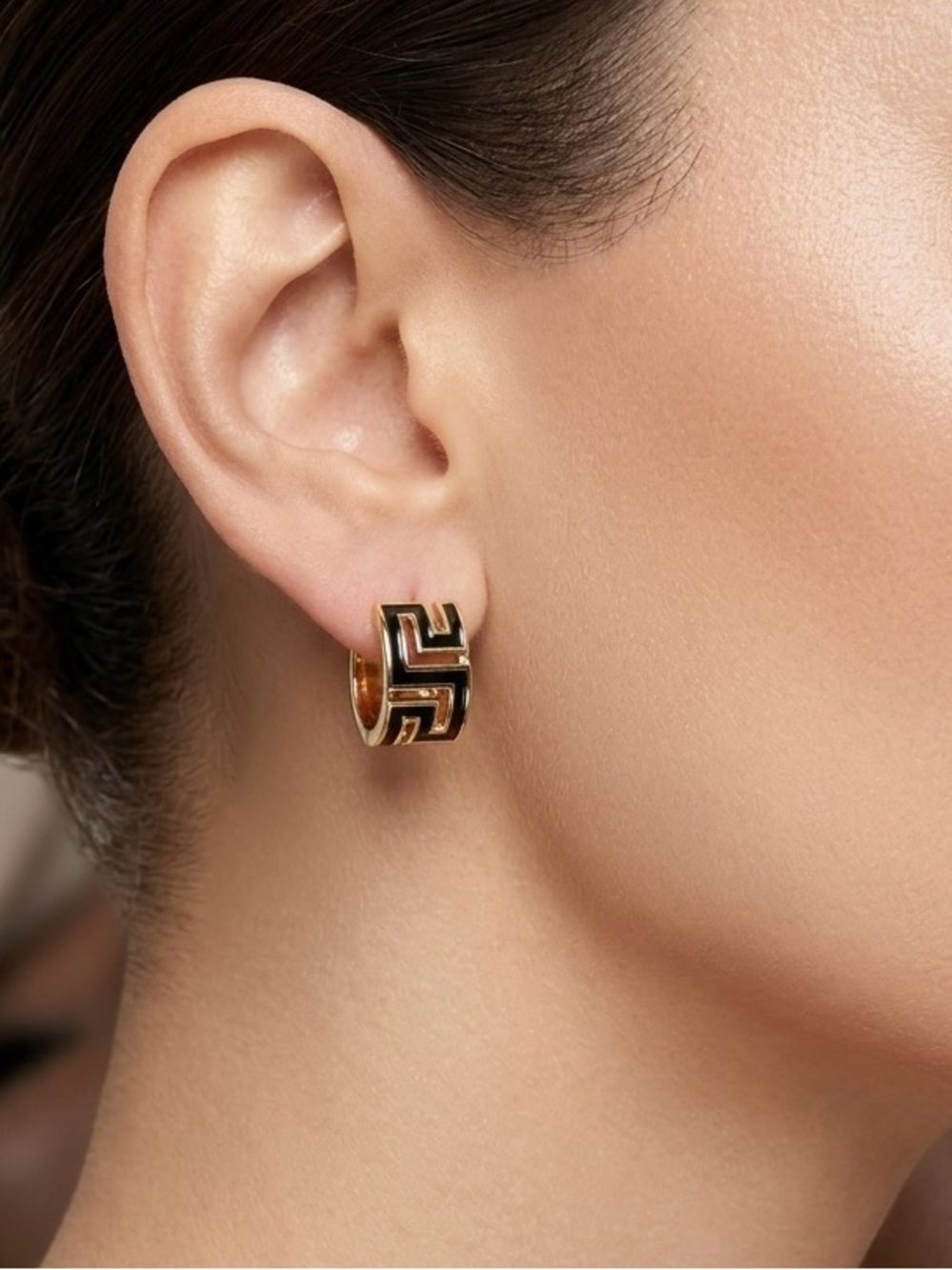 14K Gold Plated Black Enamel Greek Key Huggie Hoop Earrings | Meander Design - Picture 2 of 10